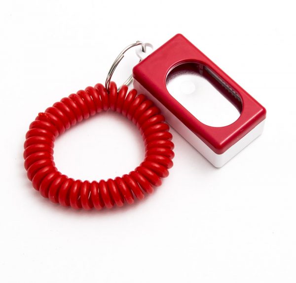 This is a picture of a red clicker with red wrist coil